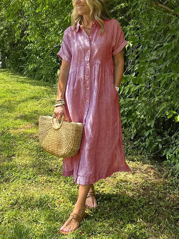 Theresa | Midi-Hemdblusenkleid in Streifen mit Knopfleiste