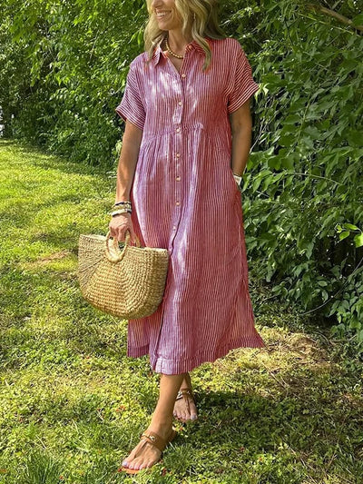 Theresa | Midi-Hemdblusenkleid in Streifen mit Knopfleiste