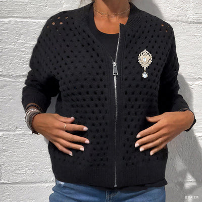 Yvonne | Zip-Up-Jacke mit gehäkelter Openwork-Struktur