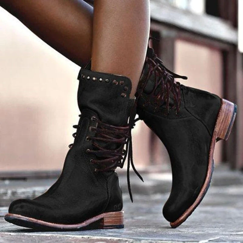 Anastasia | Retro-Schnürstiefel in Wadenhöhe mit Vintage-Nieten-Details