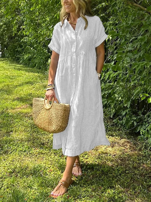 Theresa | Midi-Hemdblusenkleid in Streifen mit Knopfleiste