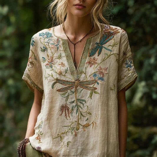 Britta | Vintage-Bluse mit Libellen- und Blumenmotiven