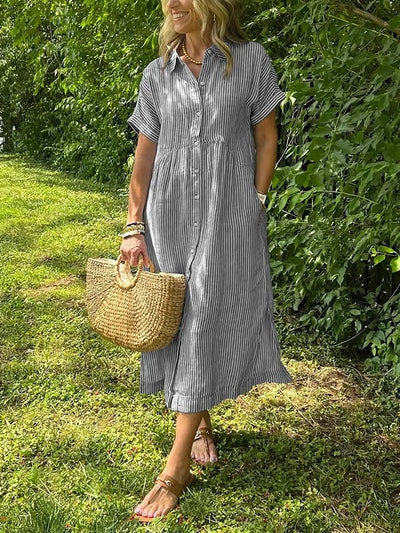 Theresa | Midi-Hemdblusenkleid in Streifen mit Knopfleiste
