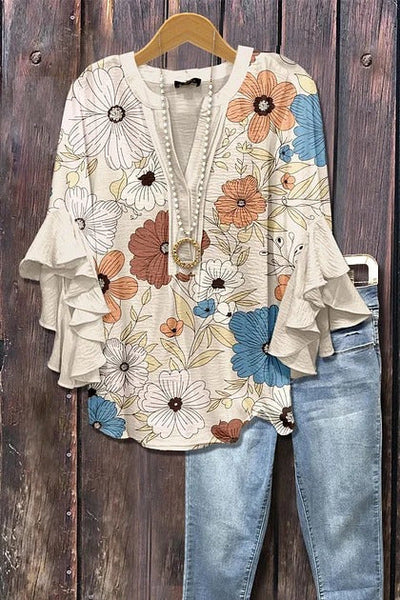 Malve | Rüschenbluse mit botanischen Mustern