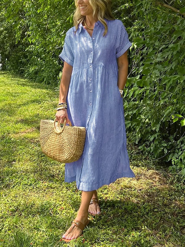 Theresa | Midi-Hemdblusenkleid in Streifen mit Knopfleiste