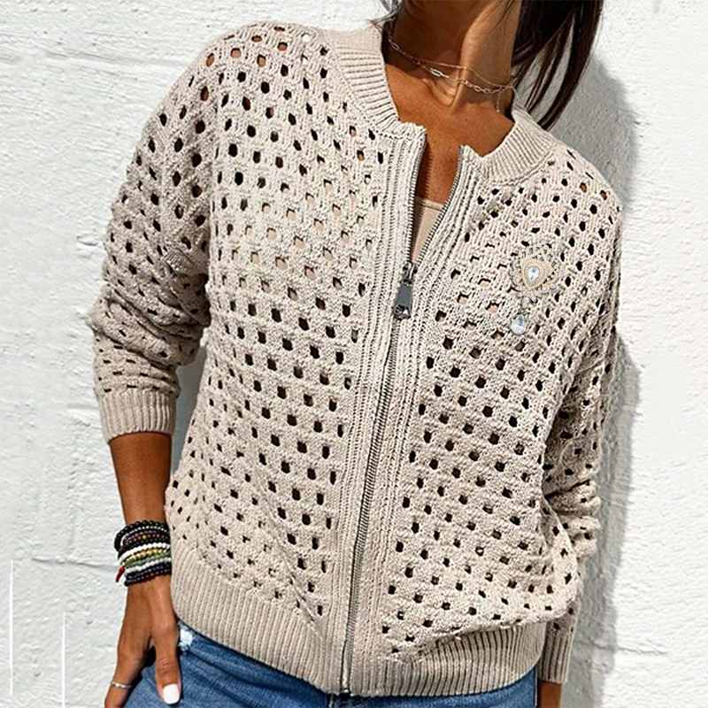 Yvonne | Zip-Up-Jacke mit gehäkelter Openwork-Struktur