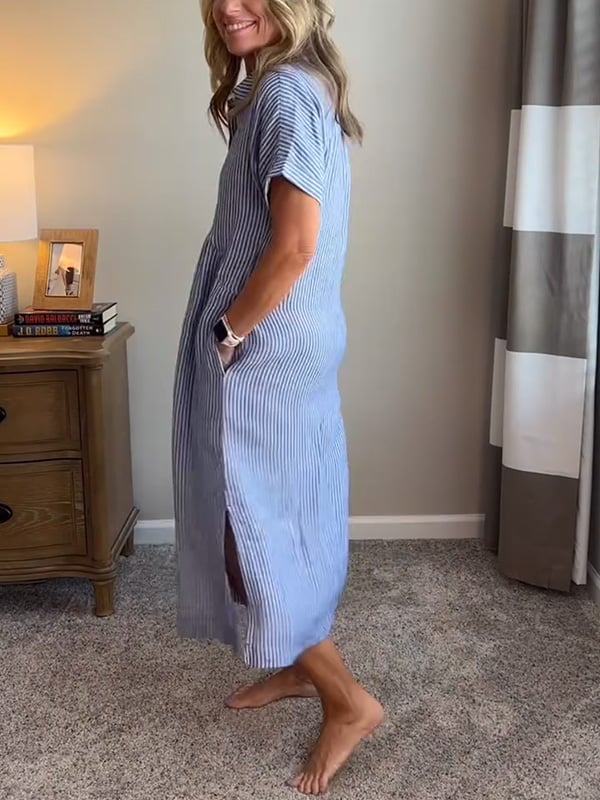 Theresa | Midi-Hemdblusenkleid in Streifen mit Knopfleiste