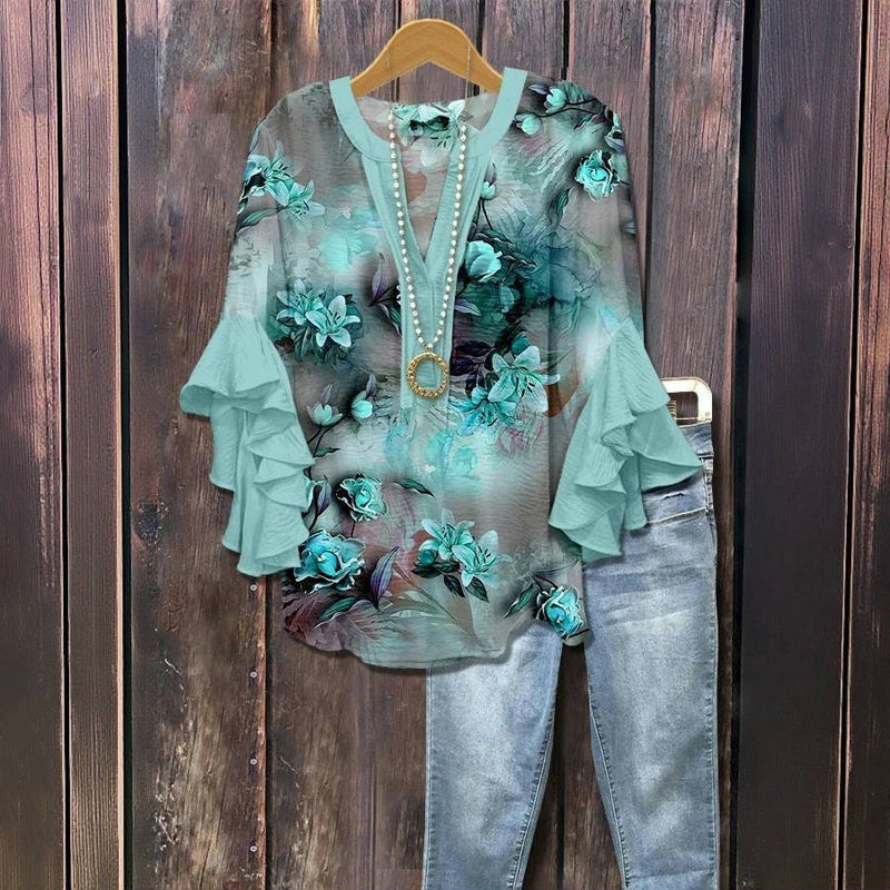 Malve | Rüschenbluse mit botanischen Mustern