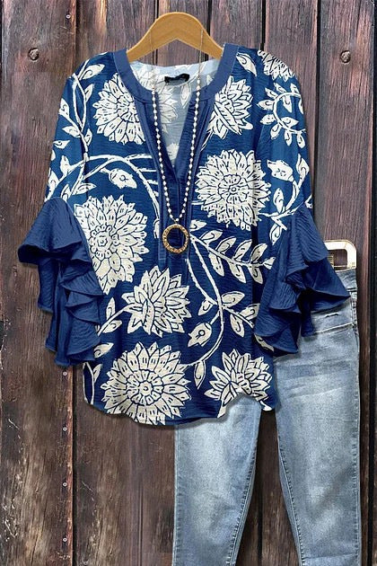 Malve | Rüschenbluse mit botanischen Mustern
