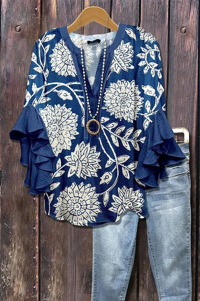 Malve | Rüschenbluse mit botanischen Mustern