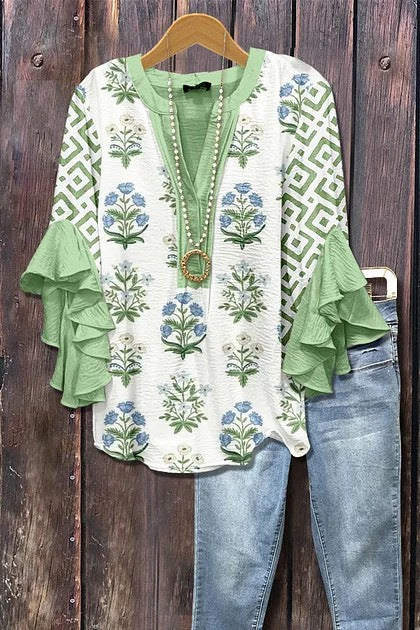 Malve | Rüschenbluse mit botanischen Mustern