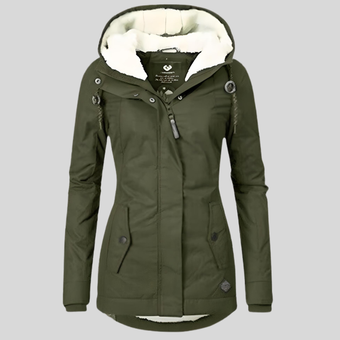 Mirja | Lange Jacke mit Kapuze und Kunstfellfutter