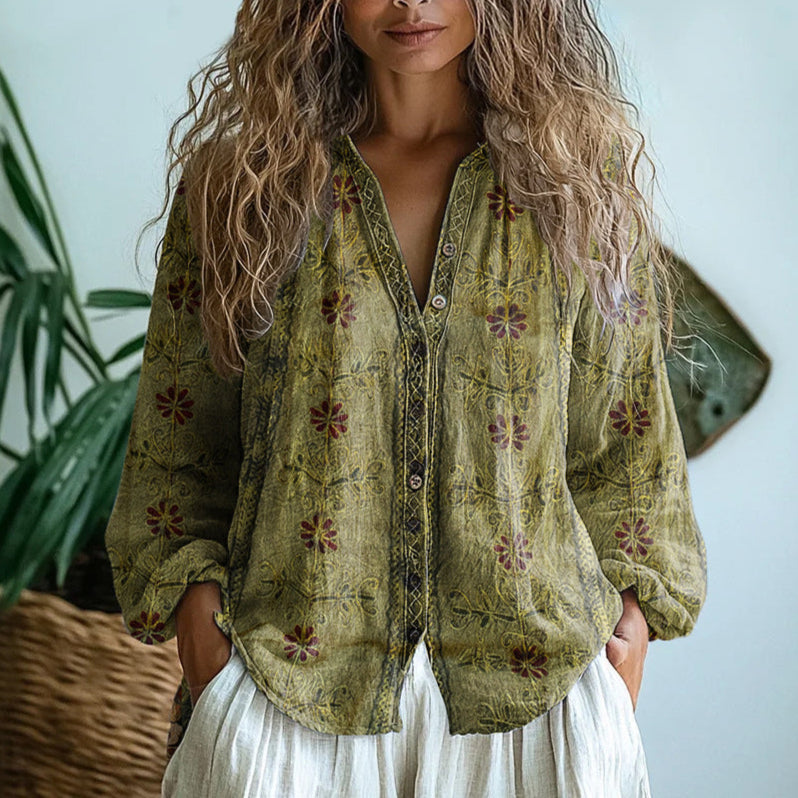 Juna | Vintage-Bluse mit Blatt- und Blumenmuster