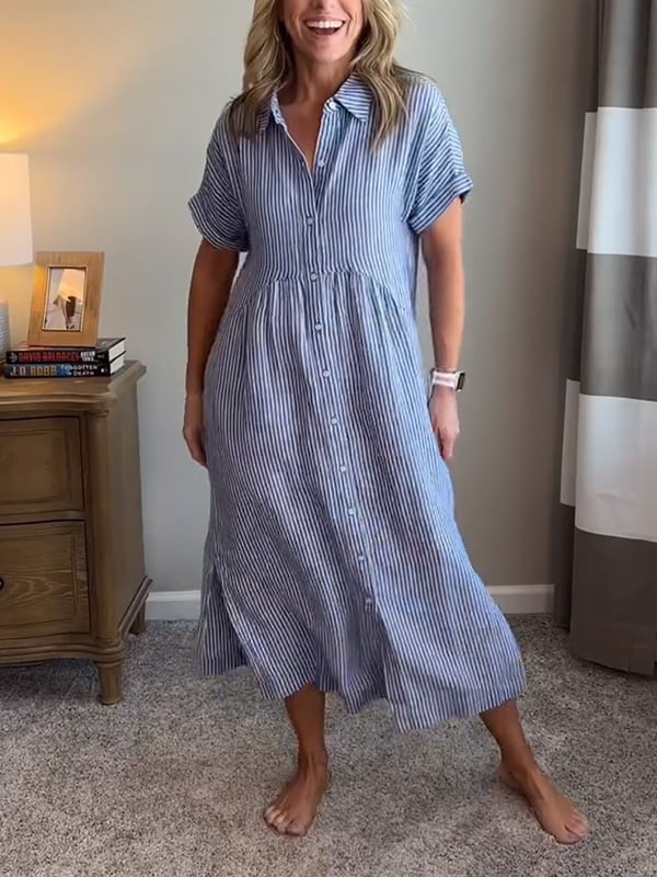 Theresa | Midi-Hemdblusenkleid in Streifen mit Knopfleiste