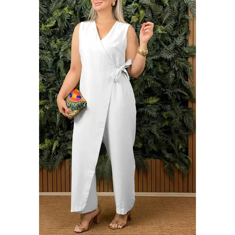 Eleonora | Ärmelloser Wickel-Jumpsuit mit Taillenband und weitem Bein