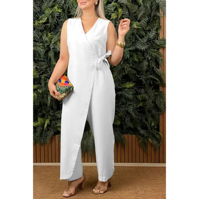 Eleonora | Ärmelloser Wickel-Jumpsuit mit Taillenband und weitem Bein