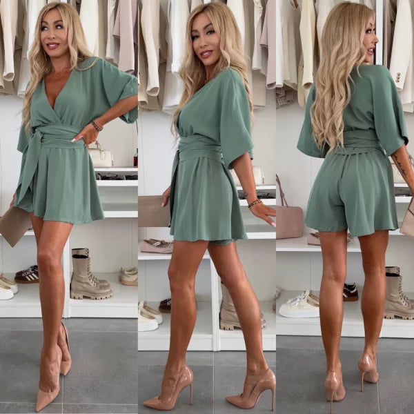 Annika | Stilvoller Romper mit Bindegürtel und V-Ausschnitt