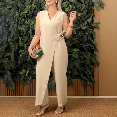 Eleonora | Ärmelloser Wickel-Jumpsuit mit Taillenband und weitem Bein