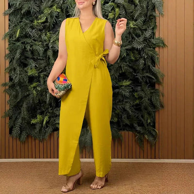 Eleonora | Ärmelloser Wickel-Jumpsuit mit Taillenband und weitem Bein